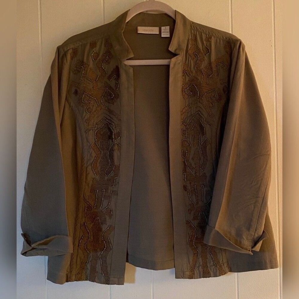 Chico’s Jacket Women’s 1 (8-10) Olive Green Beaded Embroidered Coastal Cowgirl